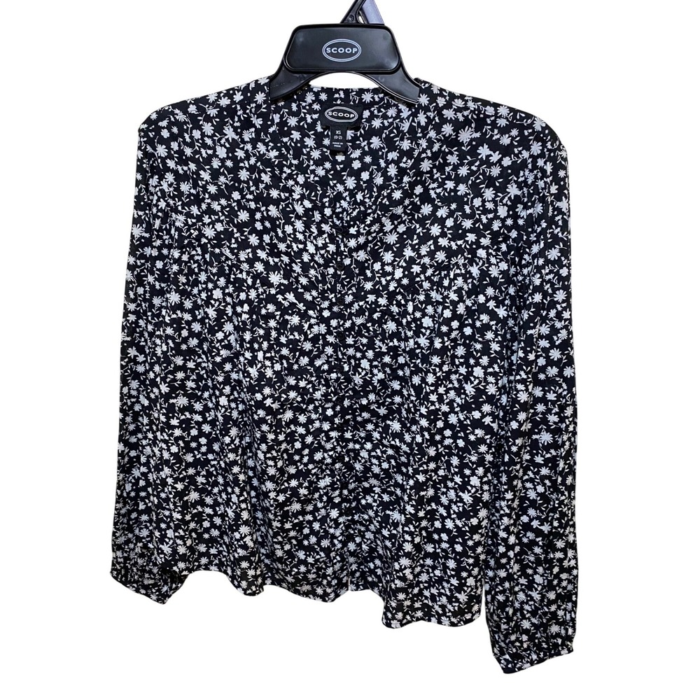 Scoop Womens Flowy Blouson Top Black White Floral Daisy Button Front XS 0-2 NEW